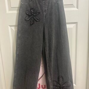 H&M Kids Gray Jeans with Black Floral Design